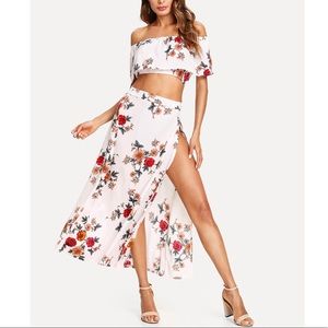 Floral Print Crop Top With Slit Side Skirt